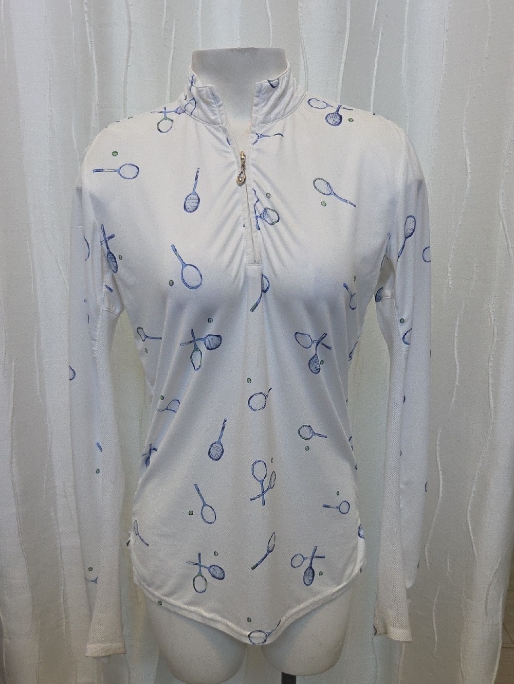 San Soleil White Long-Sleeve Tennis Print UPF Top